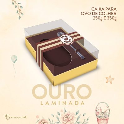 Caixa P/ Ovo de Pascoa Metalizada Ouro 250g C/Colher 16x12x7cm
