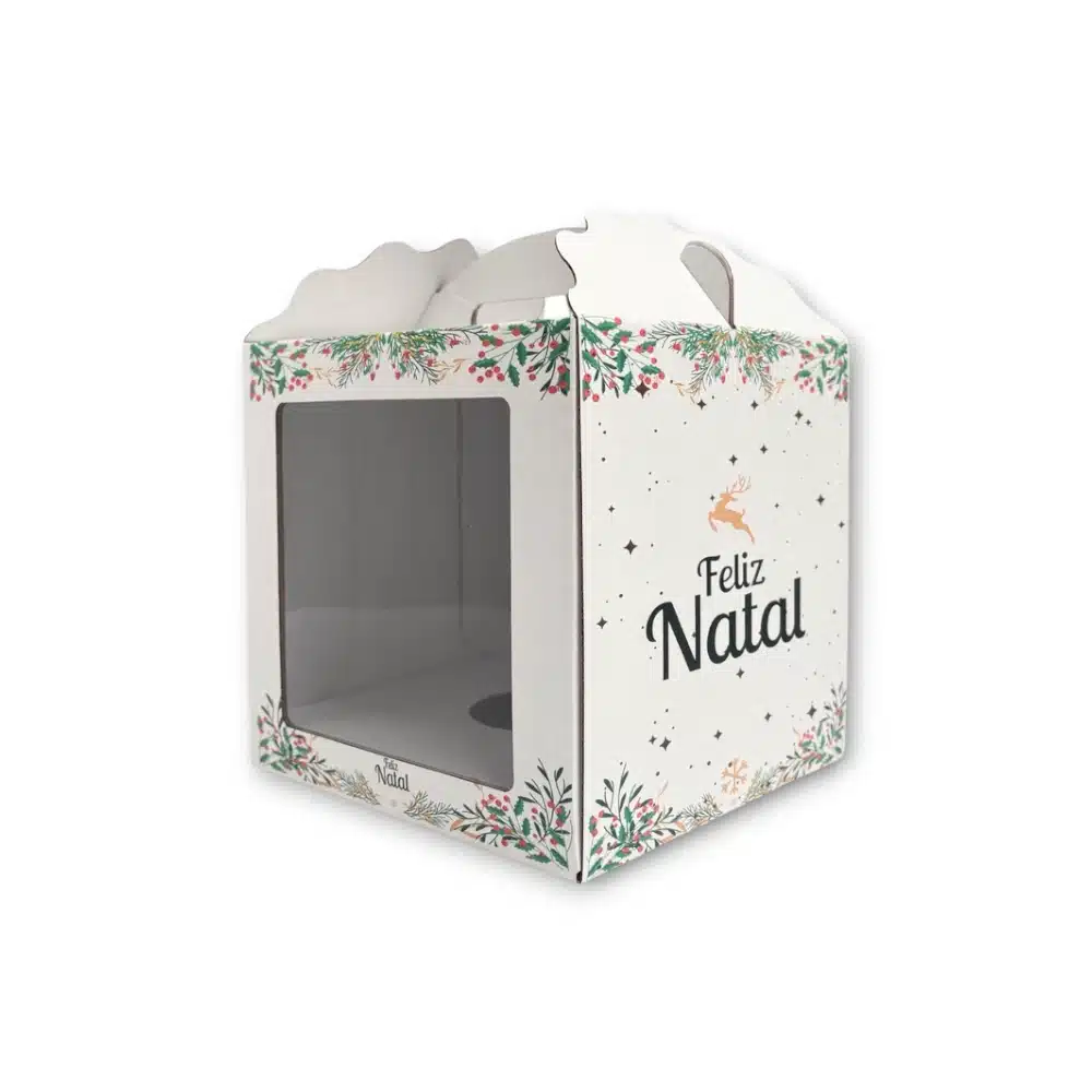 Caixa "Panettone" Branco Com Janela e Divisória 18x18x18cm Natal